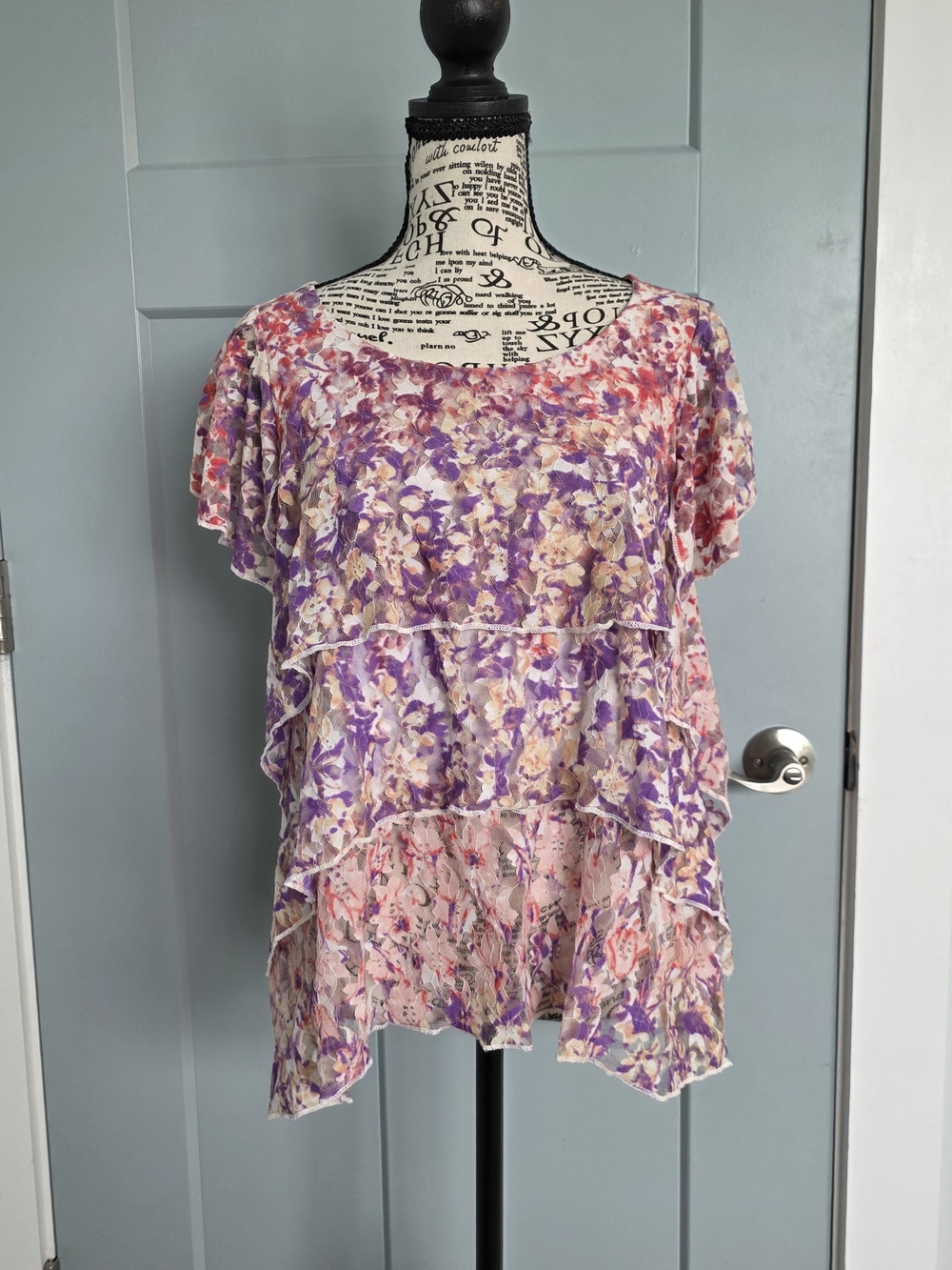 One World Live and Let Live Floral Mesh Layered Ruffle Tiered Lace Boho Top S